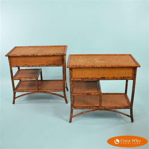 Pair of Burnt Bamboo Woven Rattan End Tables | Circa Who