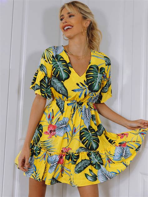 Tie Back Frill Trim Tropical Print Dress | Cotton short dresses, Dress ...
