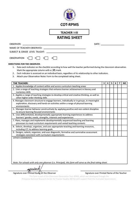 Rating Sheet Teacher I III 051018 - COT-RPMS RATING SHEET OBSERVER ...