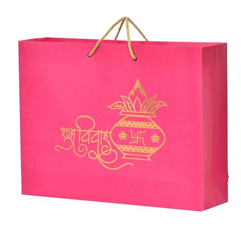 PPJ ® - SHUBH VIVAH (10 Pcs.) (GOLDEN FOIL) (PINK) PAPER CARRY BAG, 16 ...
