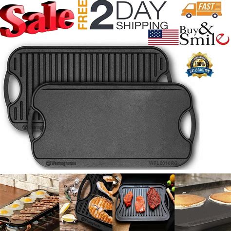 Cast Iron Reversible Grill Griddle Pan Hamburger Steak Stove Top Fry 10 ...