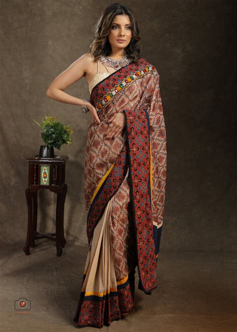 Exclusive beige Cotton saree with Ajrakh, mirror work border and Chand ...