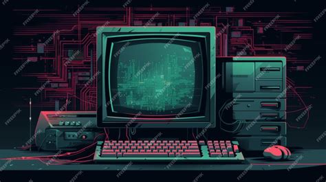 A computer monitor with a red keyboard and a black and green screen ...