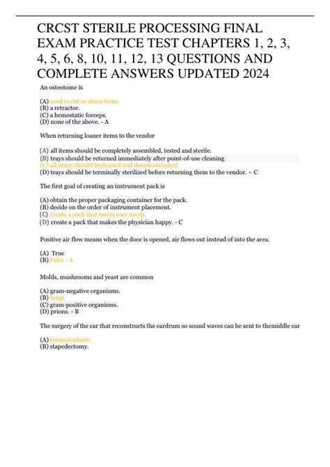 CRCST STERILE PROCESSING FINAL EXAM PRACTICE TEST CHAPTERS 1, 2, 3, 4 ...