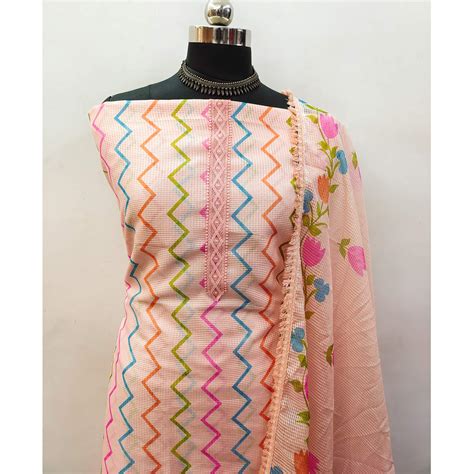 Peach Printed Kota Doria Dress Material