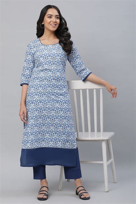 Buy White Straight Kurta in Indigo Floral Print Online for Woman | Shop ...