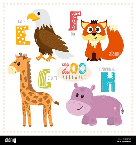 Cute cartoon animals. Zoo alphabet with funny animals. E, f, g, h ...