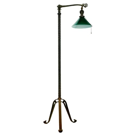Antique Wrought Iron Floor Lamp with Green Glass Shade For Sale at 1stDibs