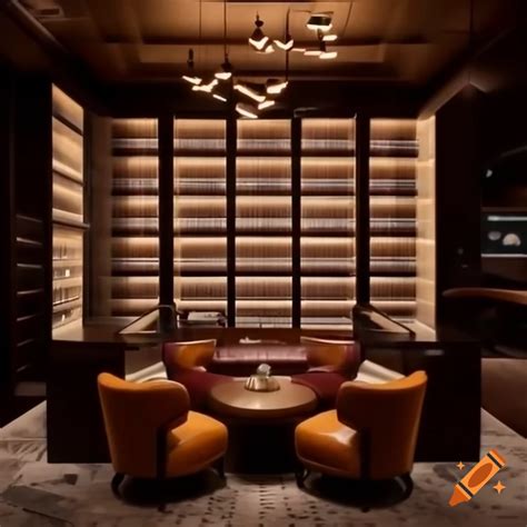 Upscale cafe with vinyl record shelves and warm dark color palette on Craiyon