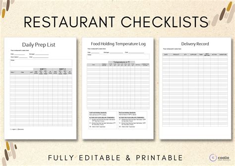 Restaurant & Bar Prep List, Prep Sheet, Temperature Monitoring ...
