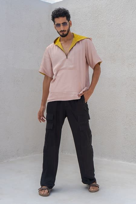 Buy Pink Bemberg Modal Silk Plain Colorblock Hoodie For Men by Neora By ...