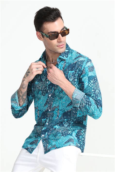 Buy Men's Paisley Print Patch Teal Blue Shirt Online | SNITCH