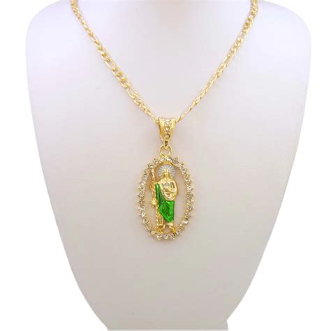 Generic San Judas Necklace 14K Gold Plated Saint Jude Pendant Figaro ...