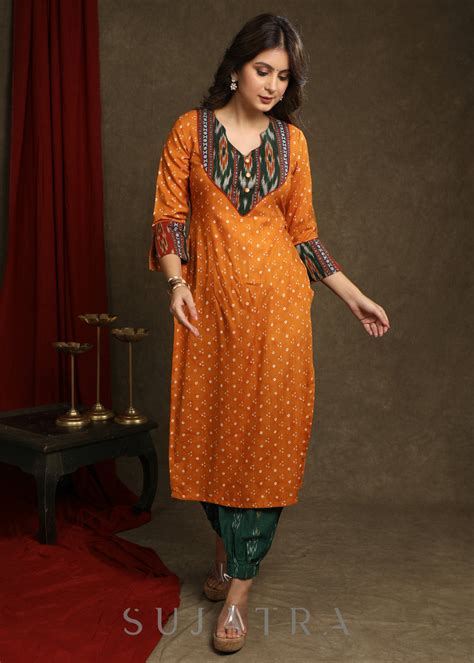 Beautiful Mustard Rayon Bandhani With Ikat Combination Kurta - Pant op ...
