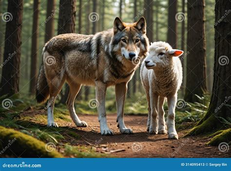 Wolf and Lamb in Forest. Generative AI Stock Illustration ...