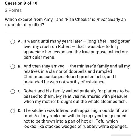 Which excerpt from Amy Tan’s “Fish Cheeks” is most clearly an example ...