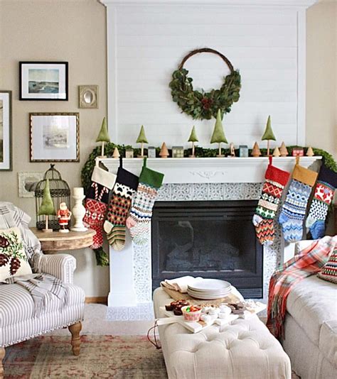 Farmhouse Christmas Mantel Décor with Colorful Stockings - Soul & Lane