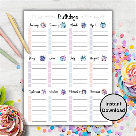 Office Birthday List Template Office Birthday List Template Etsy