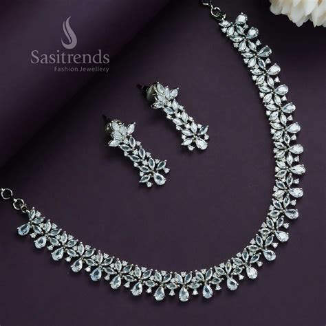 Rhodium Silver and Rose Gold Plated American Diamond Necklace Set ...