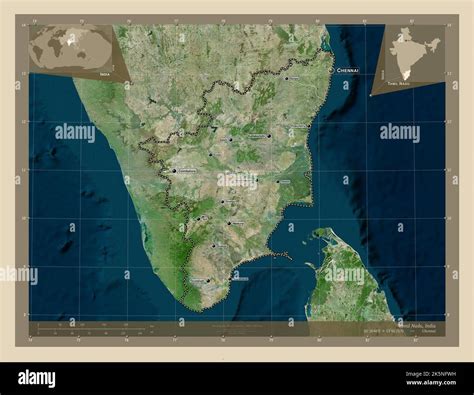 Tamil Nadu, state of India. High resolution satellite map. Locations and names of major cities ...