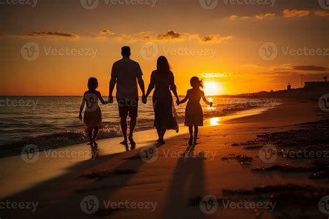 A family of four walking hand in hand down a beach at sunset ...