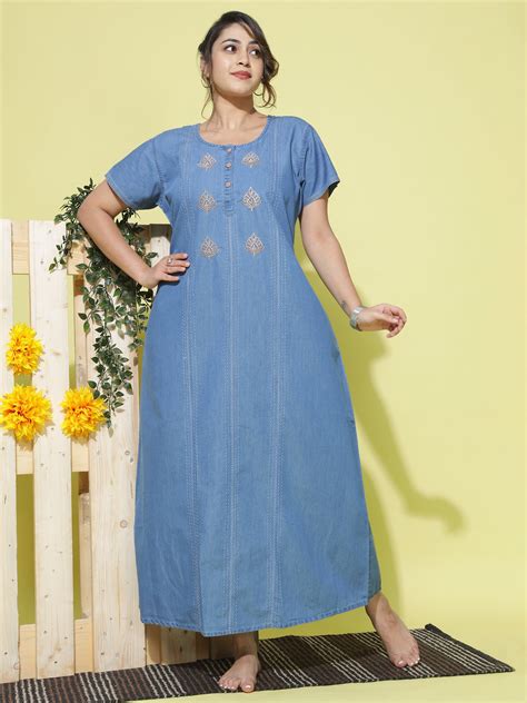Shop Sky Blue Denim Nighty For Women With Embroidery Online – 9shines label