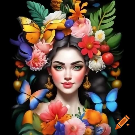 Realistic portrait of a goddess with tropical flowers, fruit, and ...