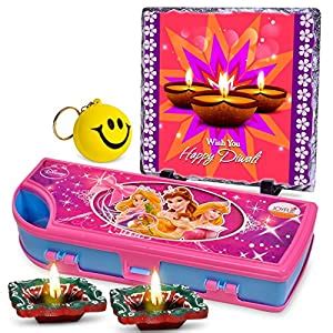 Wish You Happy Diwali 2 Diyas, Pencil Box, Smiley Keychain & Rock Tile ...