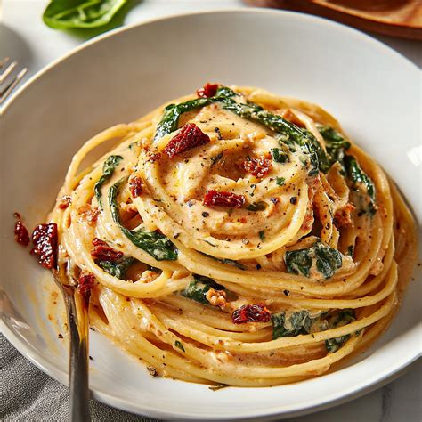 Spaghetti & Spinach With Sun-Dried Tomato Cream Sauce - Recipes Epic