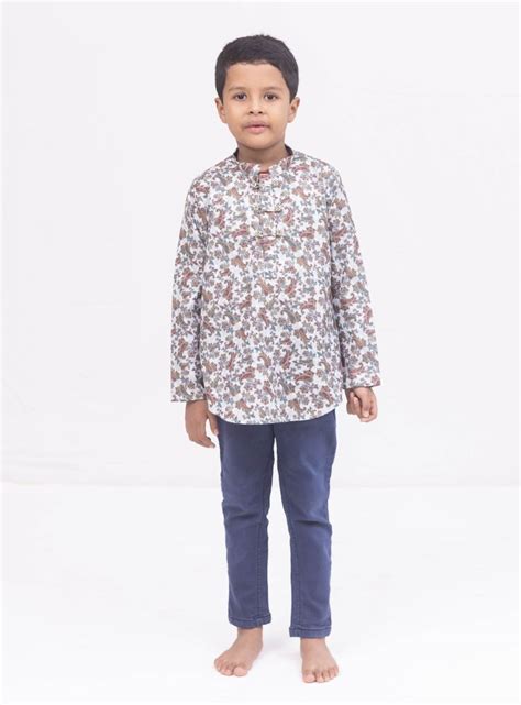 White satin cotton Paisley printed short kurta with detailed placket p ...