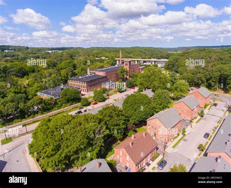 Ashton Mill aerial view at Blackstone River in historic town of ...