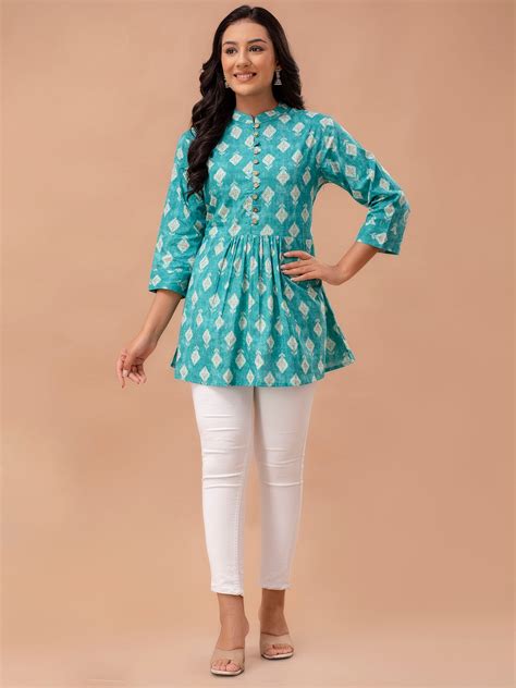 Floral Printed Pure Cotton Pleated A-Line Kurti FRKT6227 – feranoid