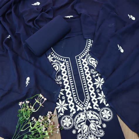 Nazariya Navy Blue Chikankari Inspired Neck Thread Work Cotton Suit Se ...