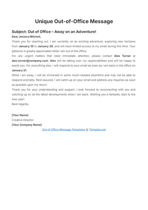 Free Unique Out of Office Message Template to Edit Online