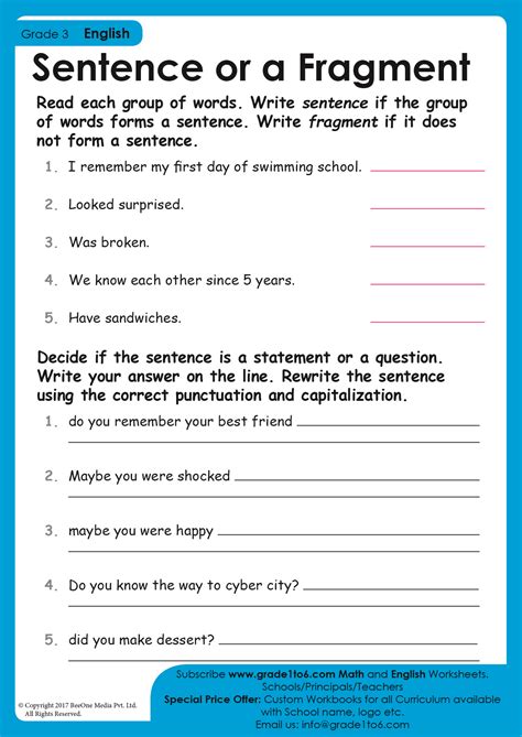 Sentences Fragment Worksheet | Grade1to6.com - Worksheets Library