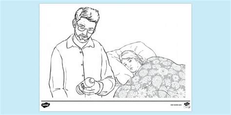 Child in Bed, Parent Reading Medicine Bottle Colouring Sheet