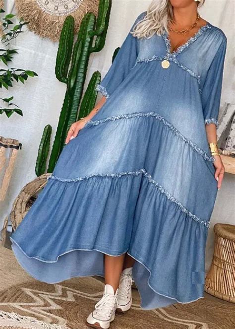 Chic Navy V Neck Patchwork Tassel Denim Long Dress Half Sleeve | Half ...
