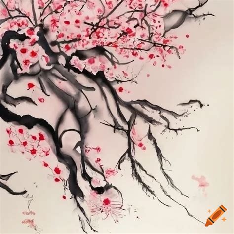 Detailed ink wash painting of cherry blossoms