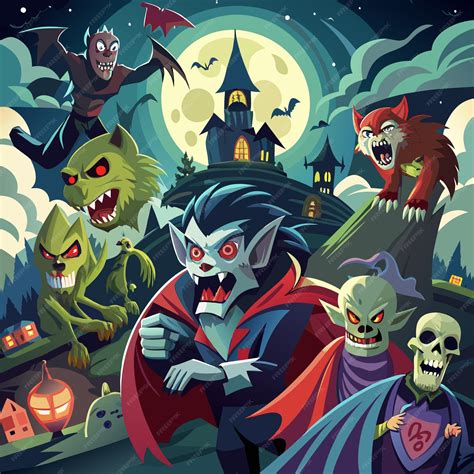Classic Halloween monsters like vampires with fangs and capes and ...