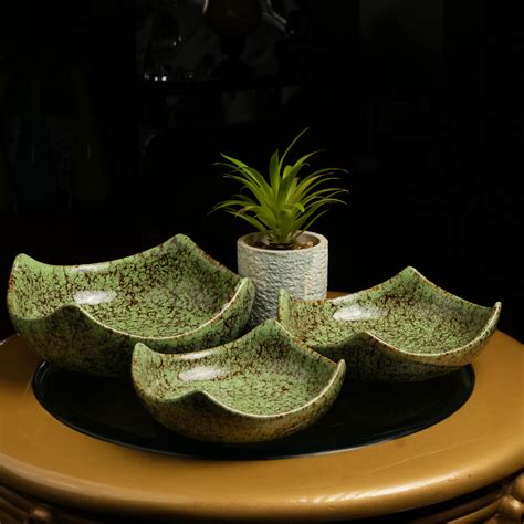 Caffeine Ceramic Handmade Green Crackle Art Serving Bowl (Set of 3 ...
