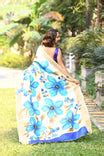 Blue Floral Hand Painted Zari Border Pure Silk Mark Certified Tussar S ...