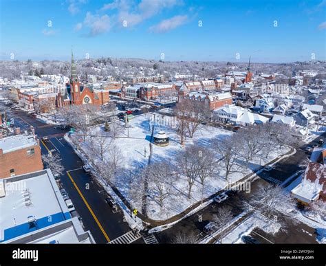 First Congregational Church and Town Common aerial view in winter on ...