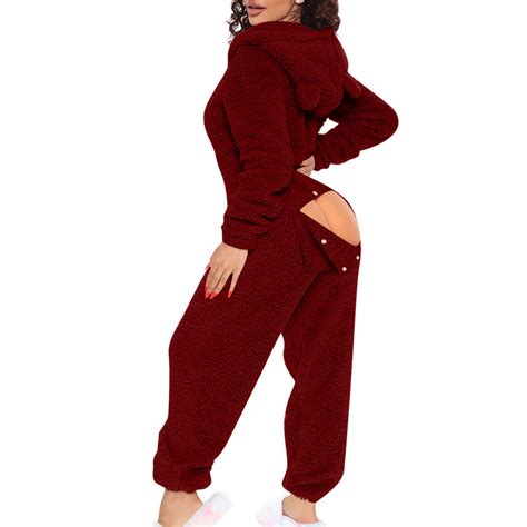 Womens Onesie with Flap Fleece One Piece Pajamas Cute Thermal Fluffy ...