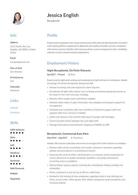 Receptionist Resume Example & Writing Guide | 12 Samples | PDF | 2019