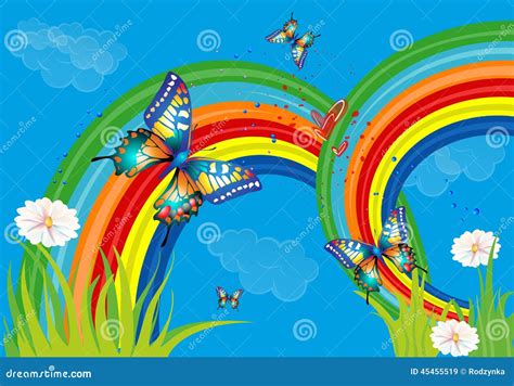 Background with Rainbow and Butterflies Stock Illustration ...