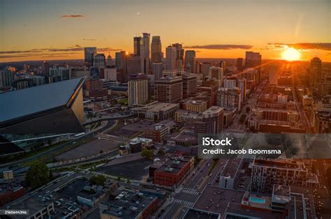 Aerial View Of The Minneapolis Minnesota Skyline At Sunset And Sunrise ...