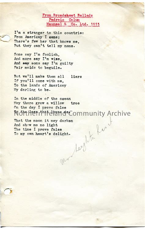 Typed poem or words to song. ‘From Broadsheet Ballads. Padraic Colum ...
