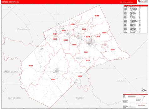 Merced County, CA Zip Code Wall Map Red Line Style by MarketMAPS - MapSales