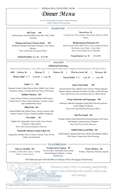 Menus - Pensacola Country Club