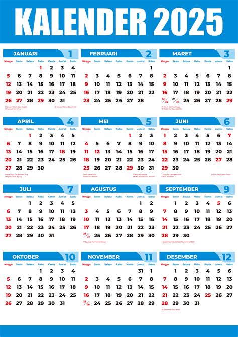 Gratis template format kalender 2025 vector lengkap dengan penanggalan ...